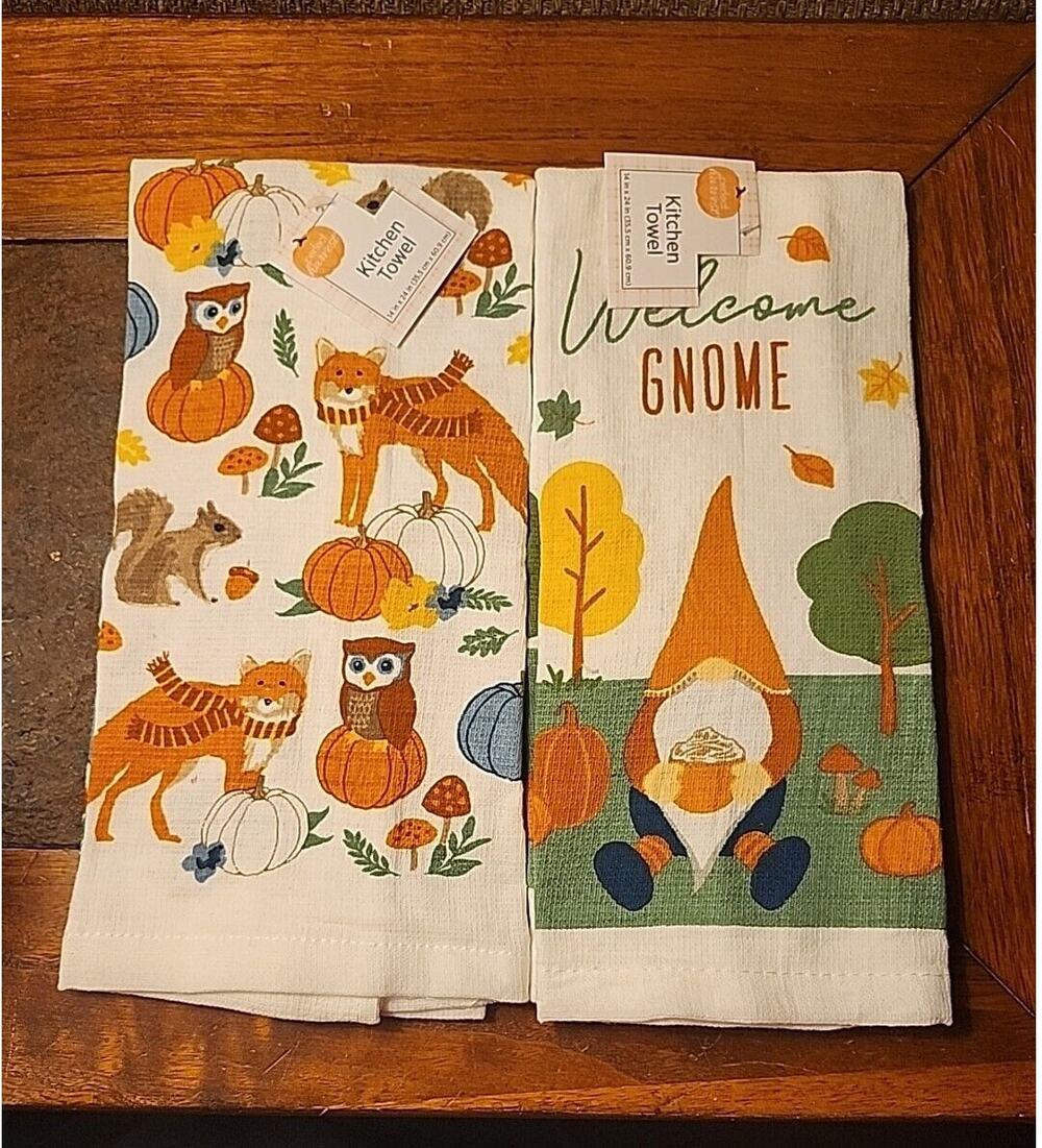 Kitchen Hand Towel Gnome Fall Forest Animals Pumpkins Leaves White Set of 2